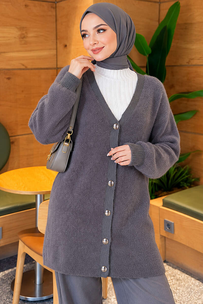 Angora Cardigan with Gold Buttons - Smoke Grey