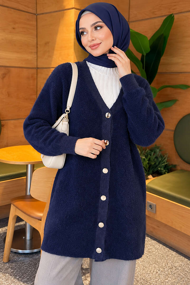 Angora Cardigan with Gold Buttons - Navy