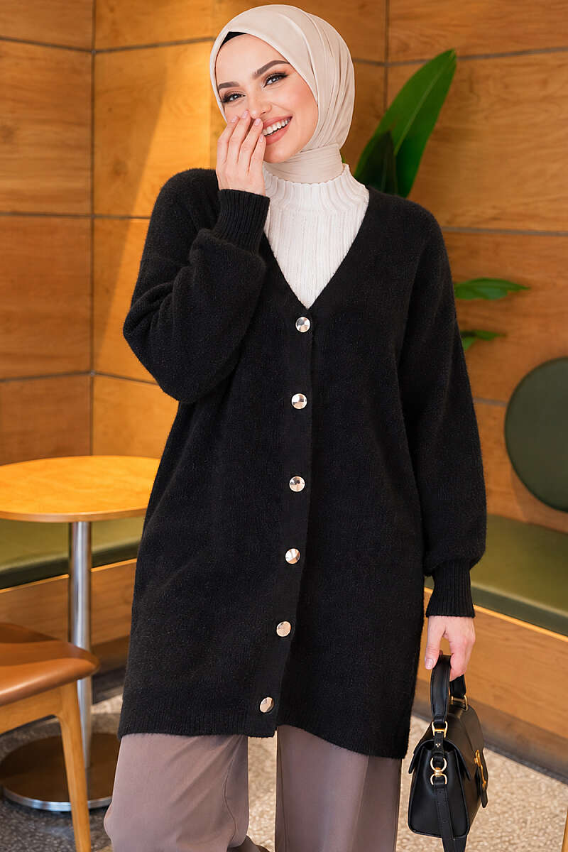 Angora Cardigan with Gold Buttons - Black