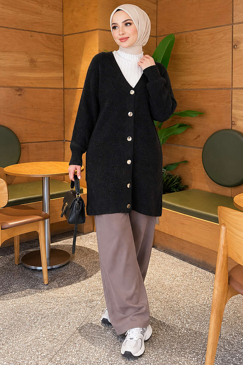 Angora Cardigan with Gold Buttons - Black