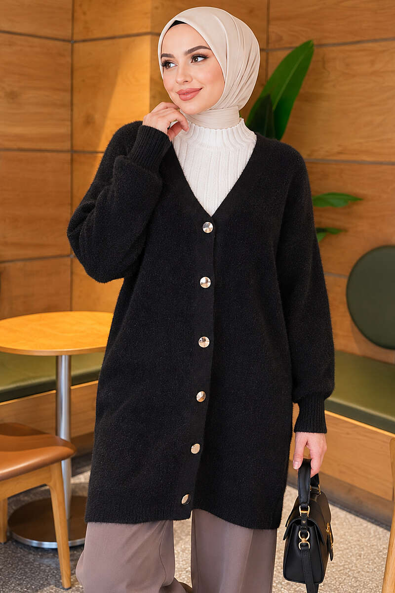 Angora Cardigan with Gold Buttons - Black