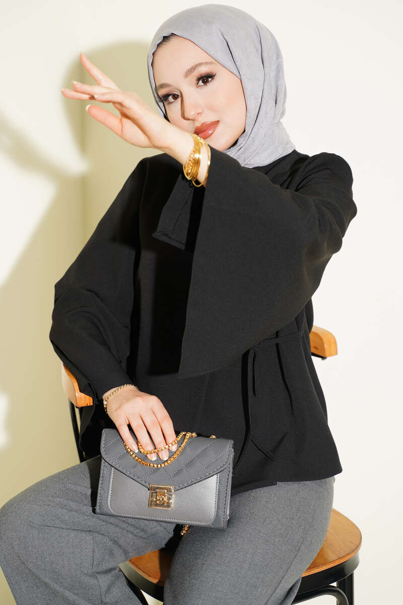 Short Jacket with Gold Buttons and Ties - Black