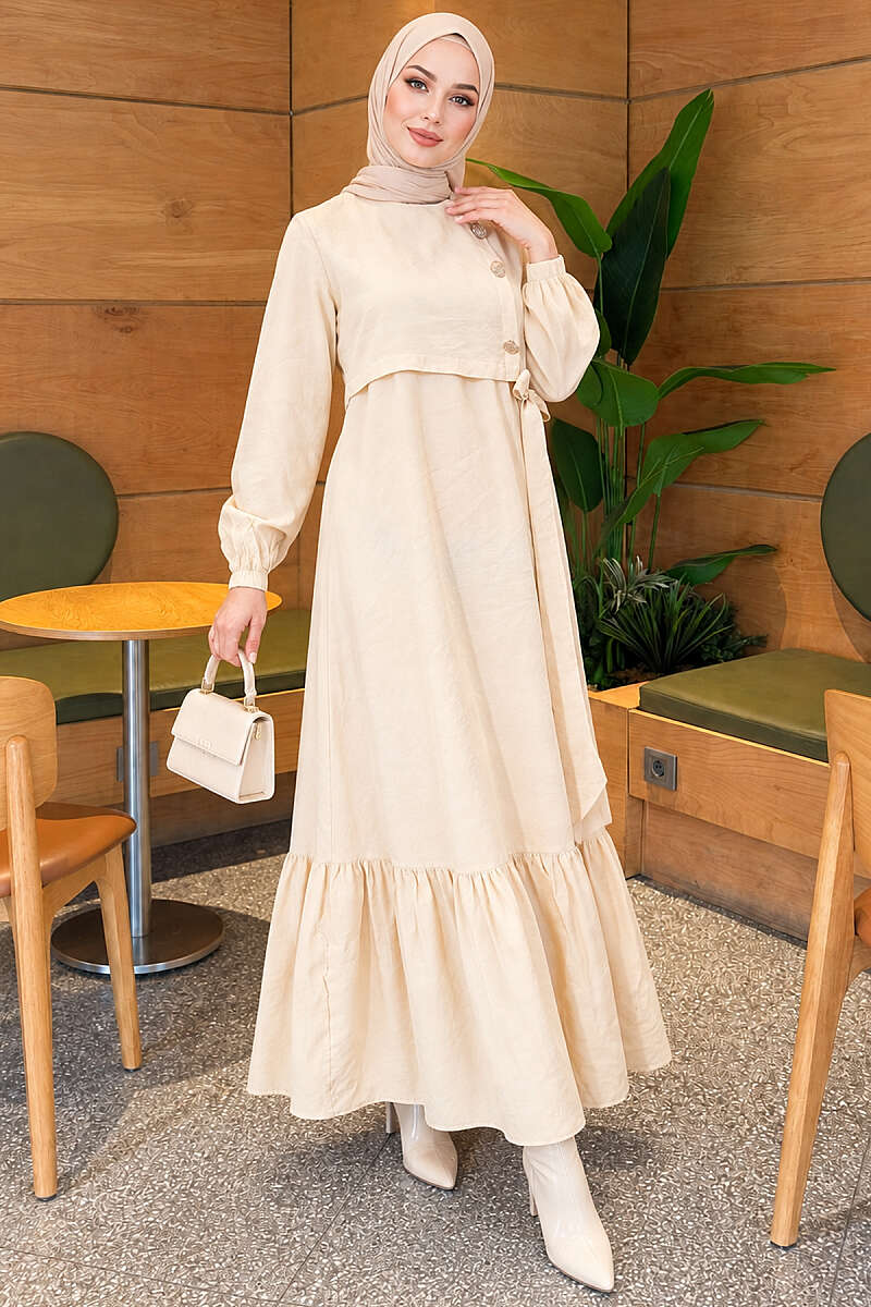 Modal Tie Dress with Gold Buttons - Beige