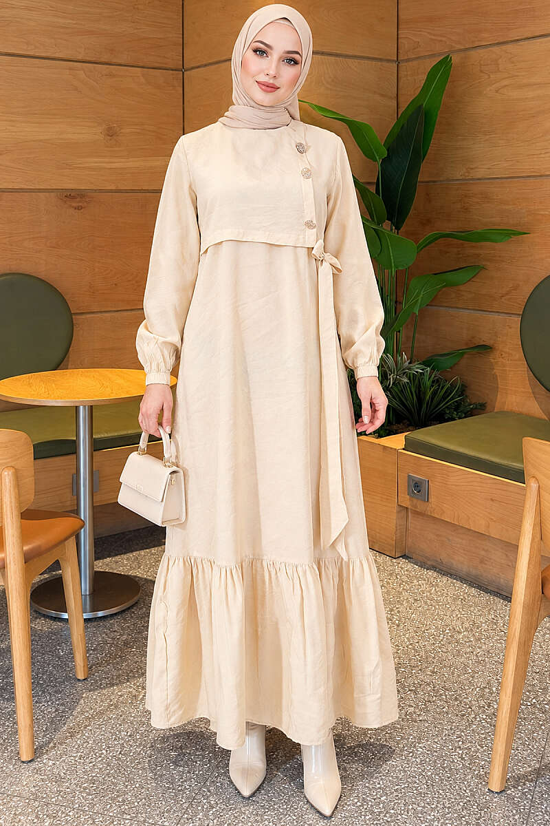 Modal Tie Dress with Gold Buttons - Beige