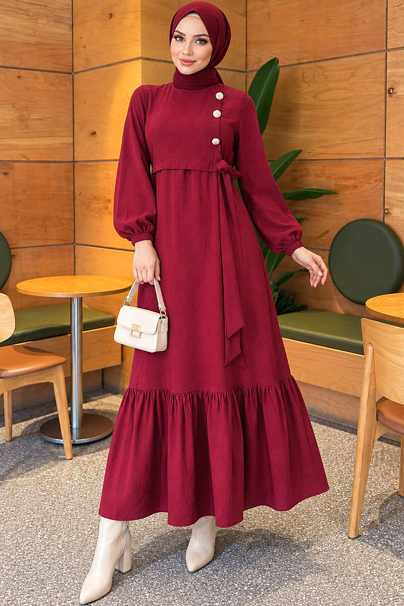 Modal Tie Dress with Gold Buttons - Burgundy