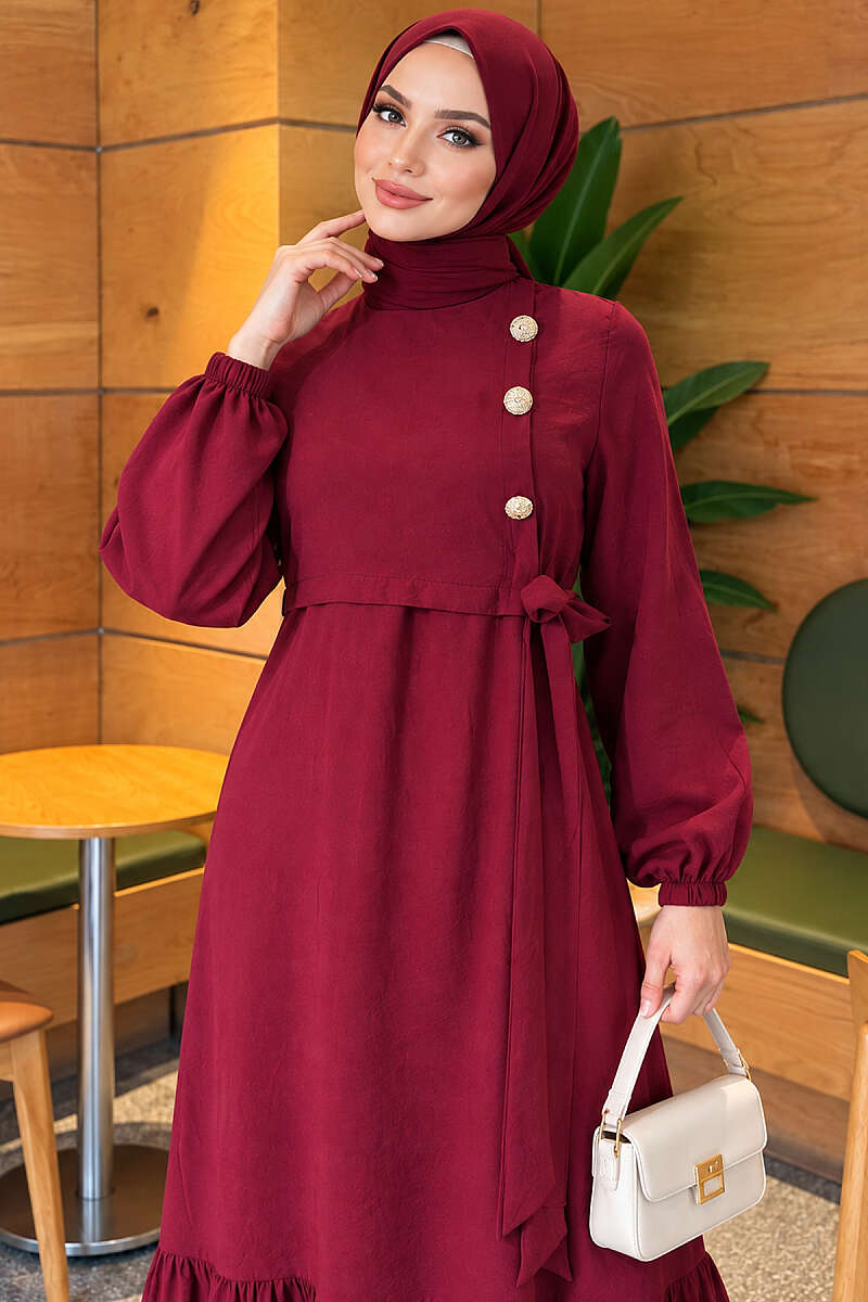 Modal Tie Dress with Gold Buttons - Burgundy