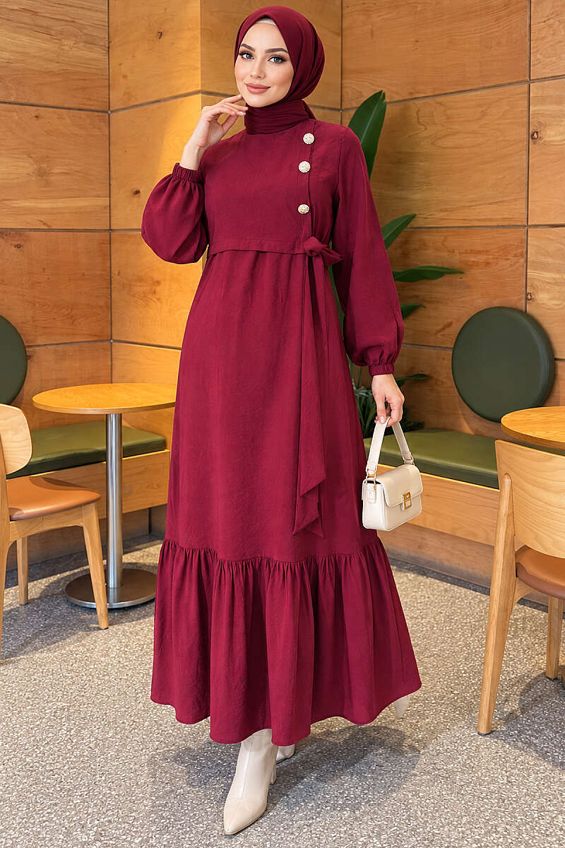 Modal Tie Dress with Gold Buttons - Burgundy