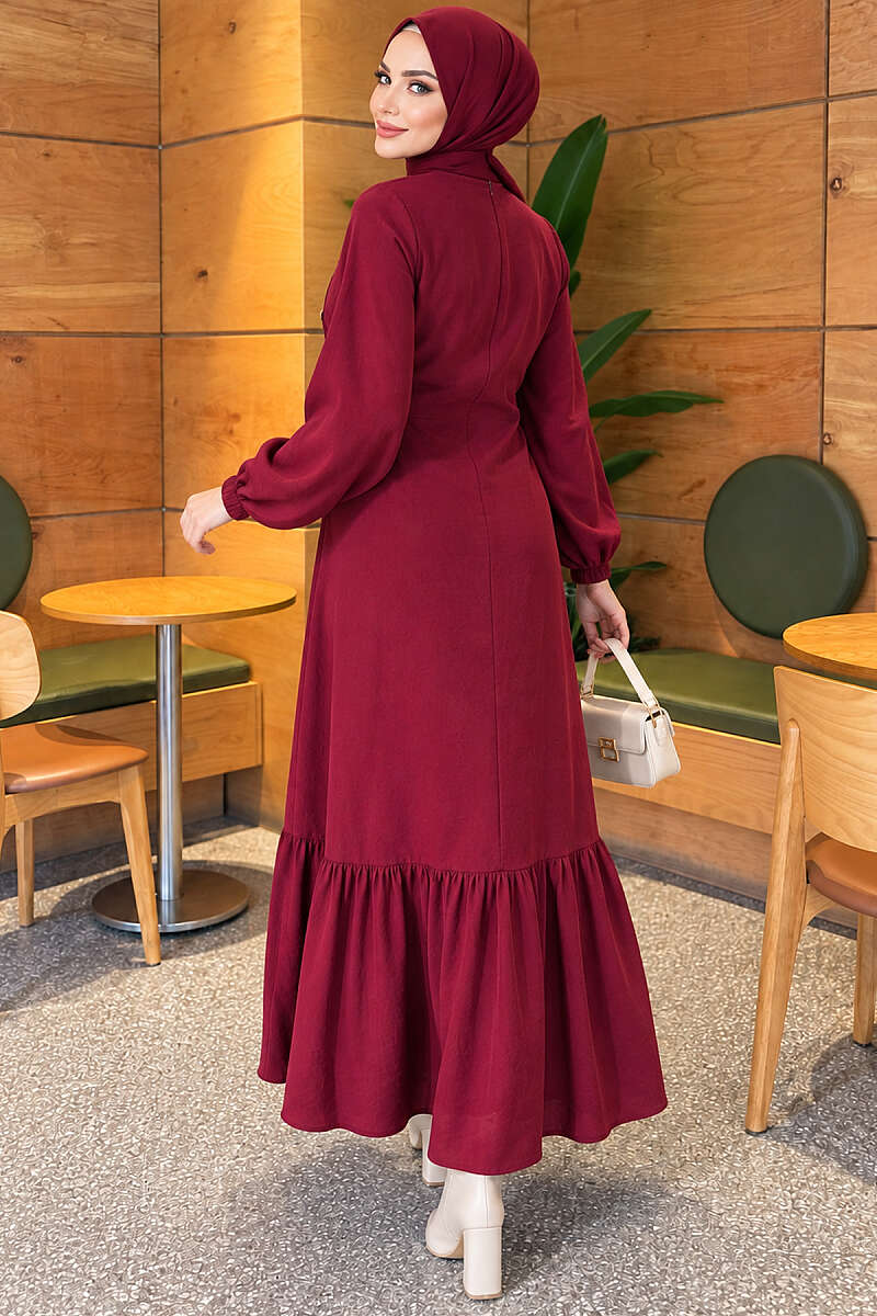 Modal Tie Dress with Gold Buttons - Burgundy