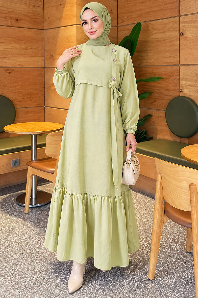 Modal Tie Dress with Gold Buttons - Almond Green