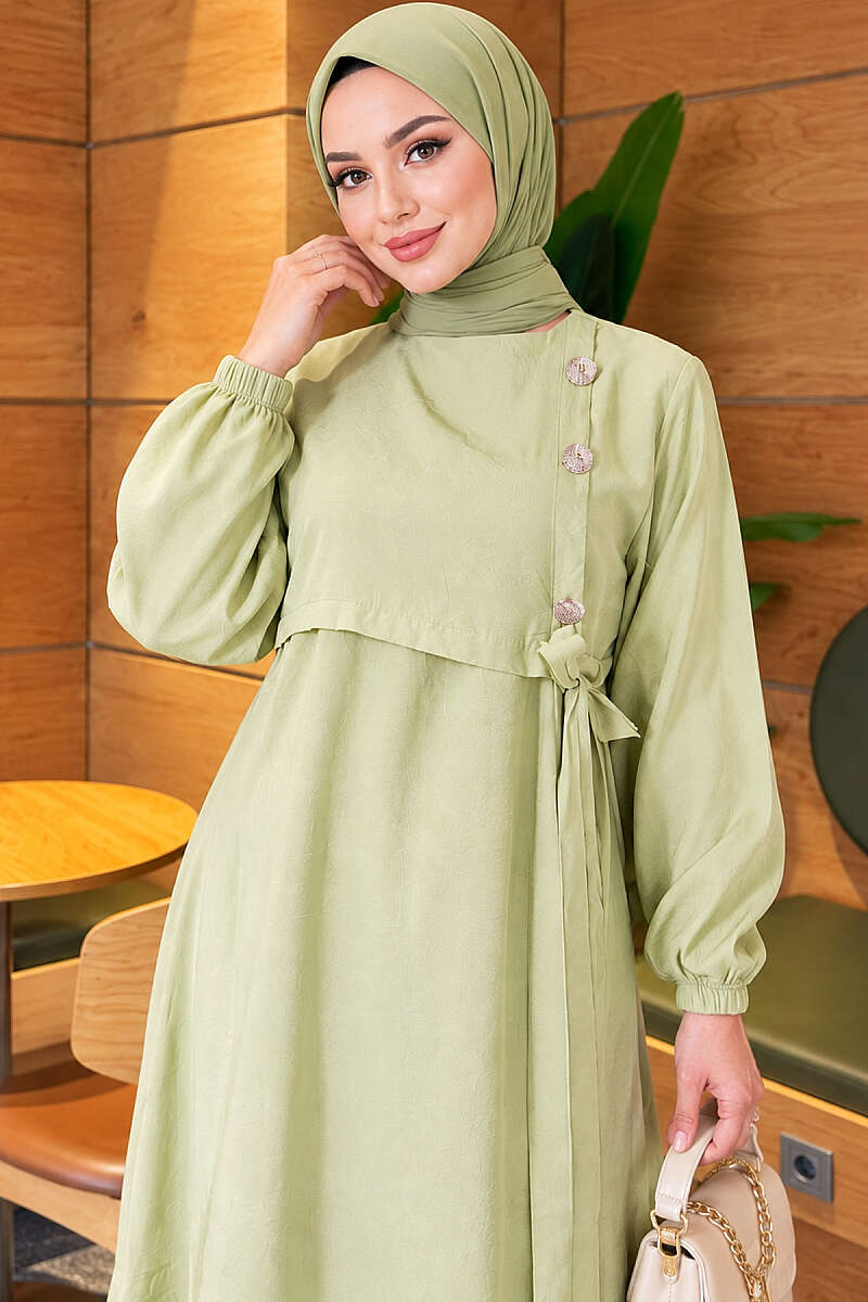 Modal Tie Dress with Gold Buttons - Almond Green