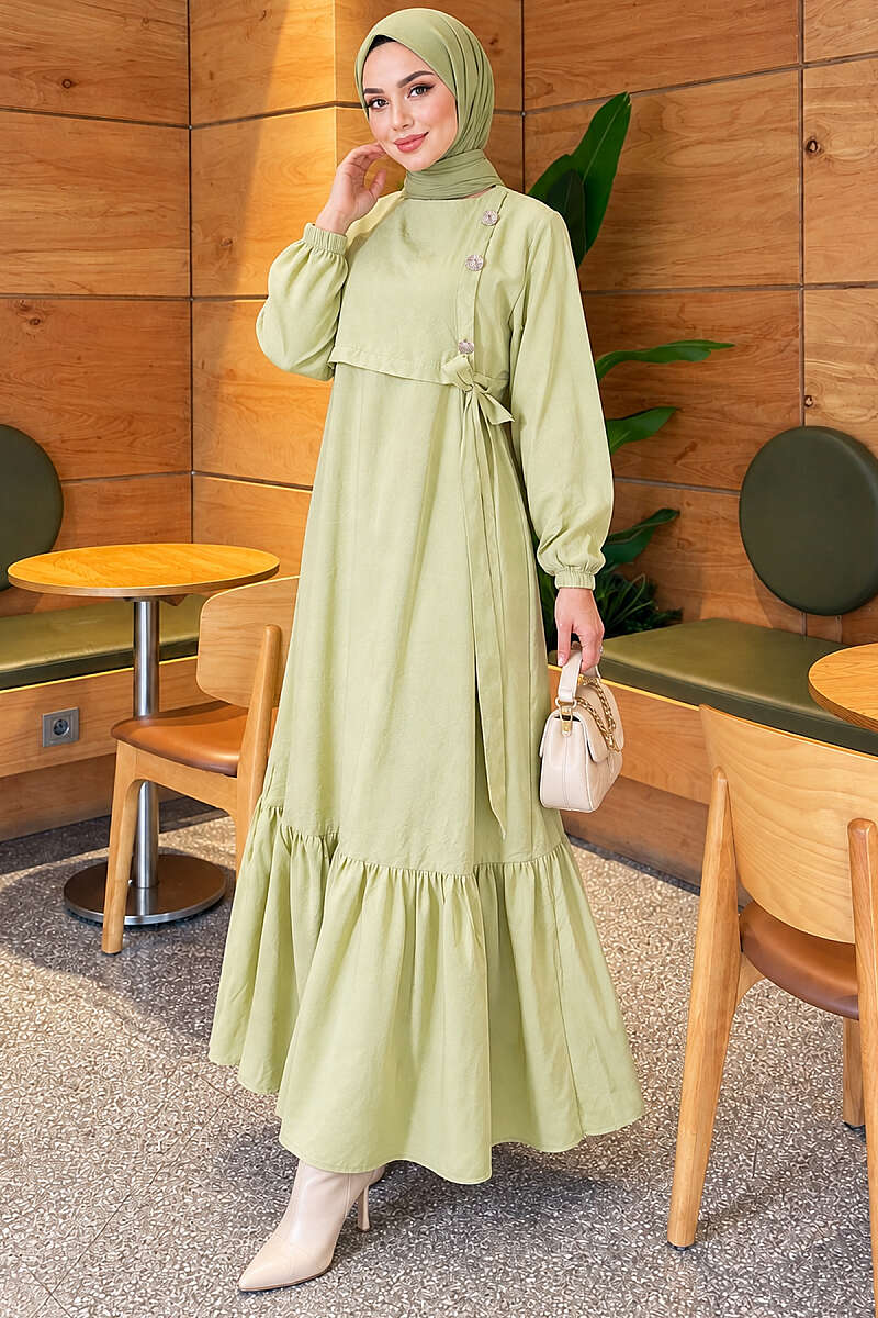 Modal Tie Dress with Gold Buttons - Almond Green