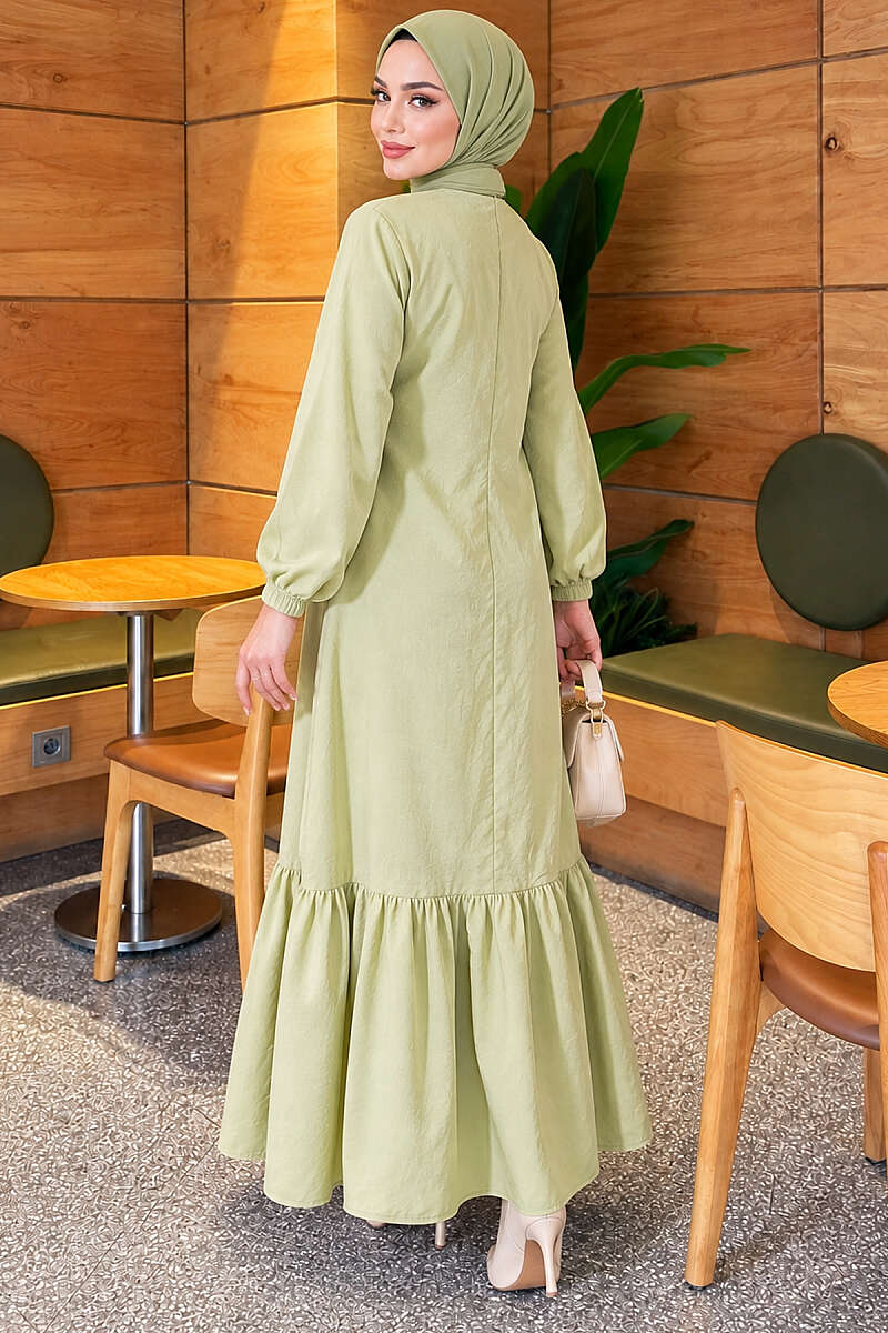 Modal Tie Dress with Gold Buttons - Almond Green