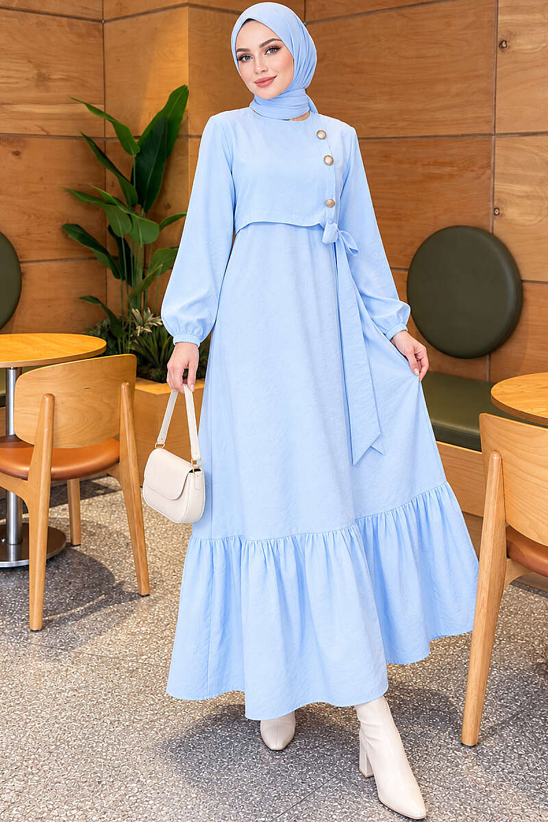 Modal Tie Dress with Gold Buttons - Blue