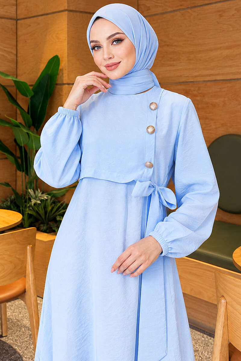 Modal Tie Dress with Gold Buttons - Blue