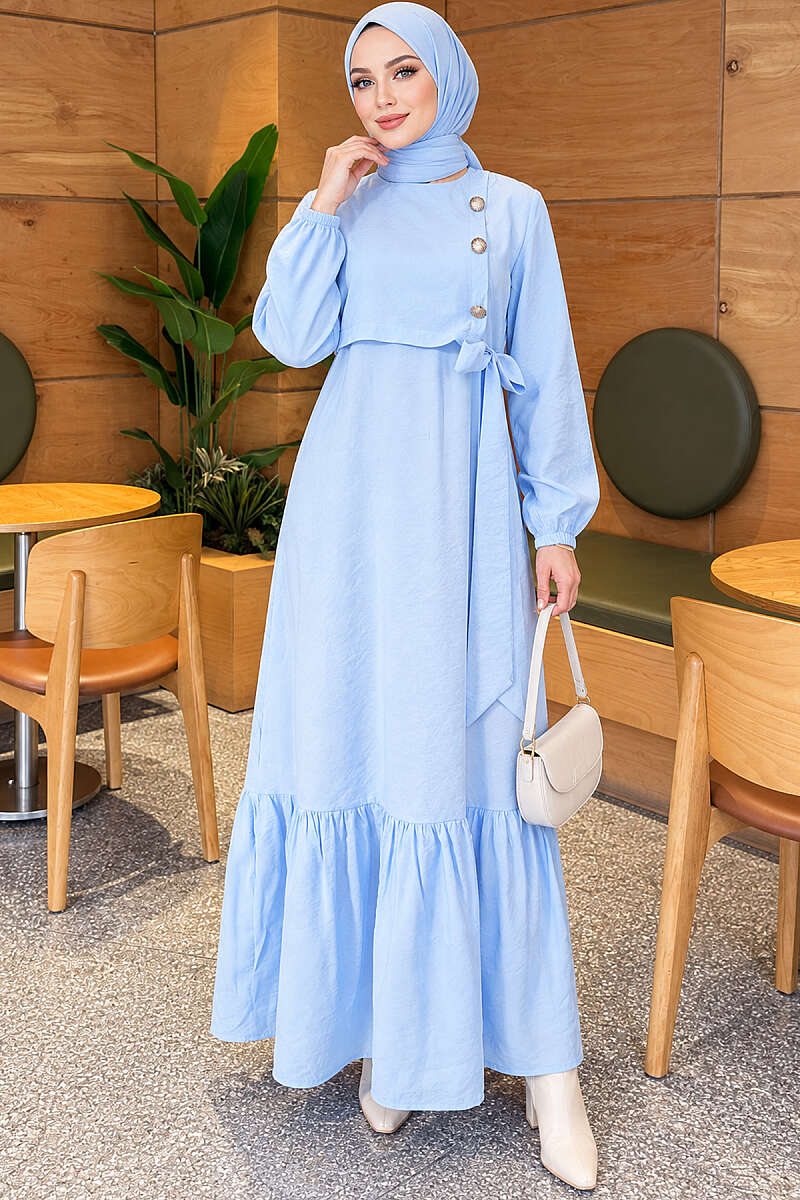 Modal Tie Dress with Gold Buttons - Blue