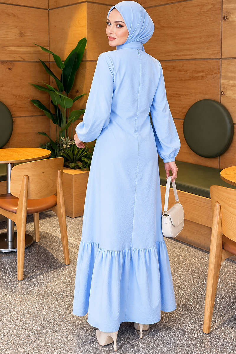 Modal Tie Dress with Gold Buttons - Blue
