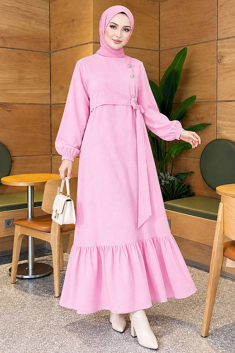 Modal Tie Dress with Gold Buttons - Pink