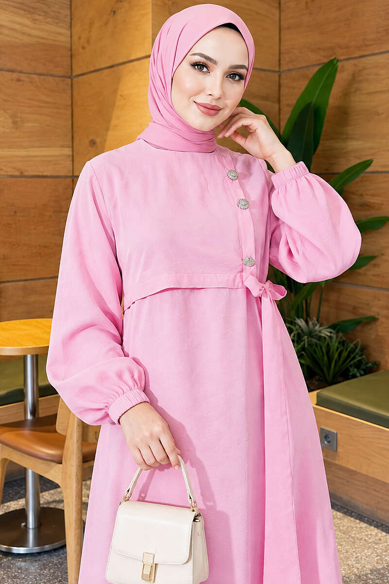 Modal Tie Dress with Gold Buttons - Pink