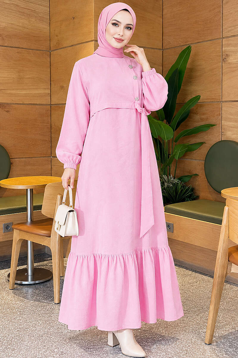 Modal Tie Dress with Gold Buttons - Pink