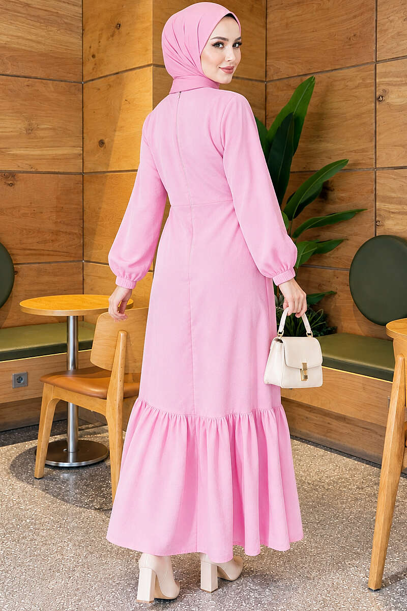 Modal Tie Dress with Gold Buttons - Pink