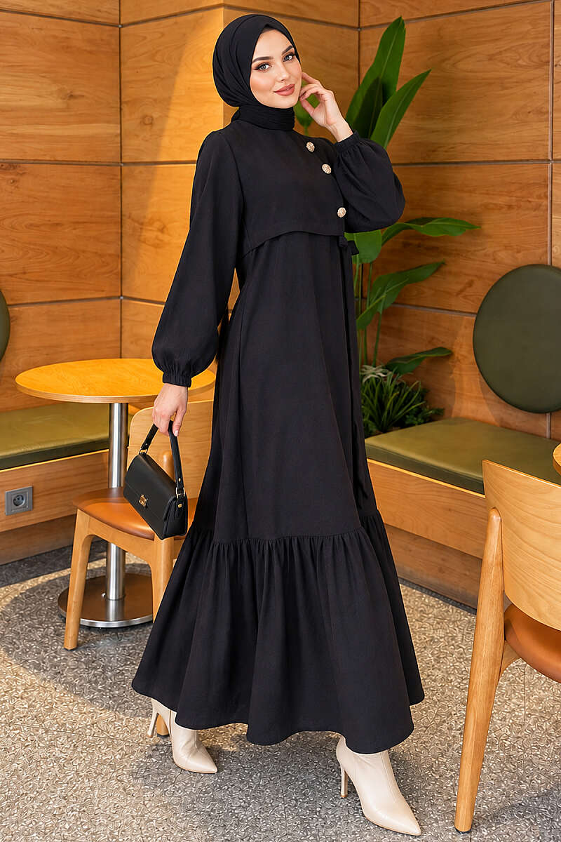 Modal Tie Dress with Gold Buttons - Black