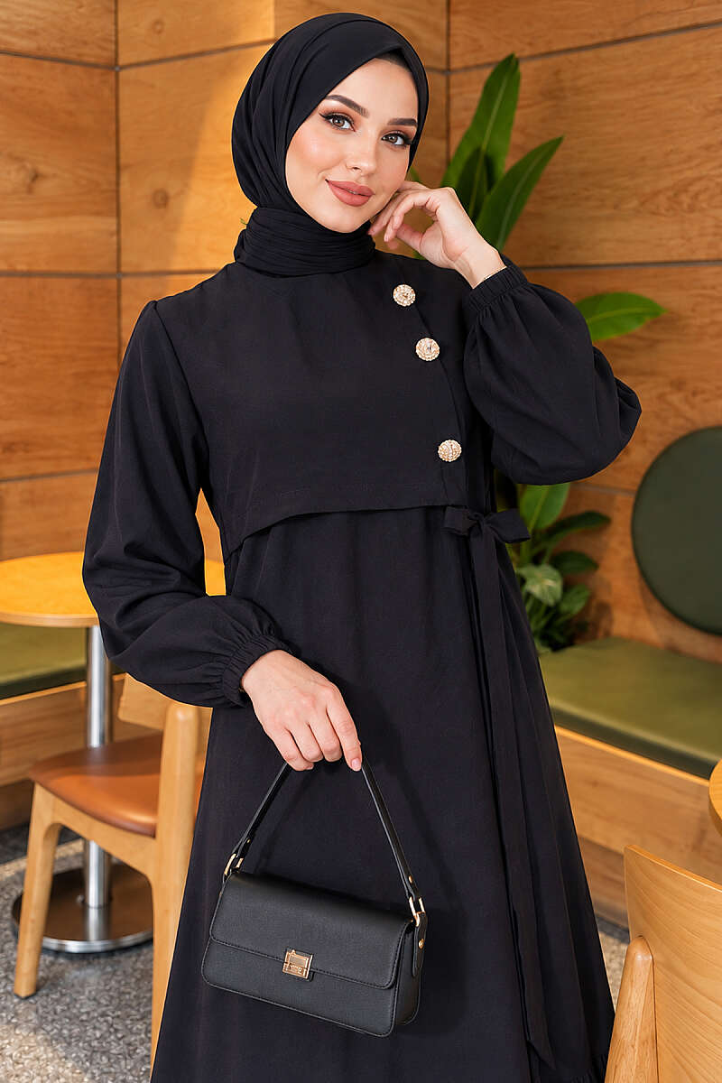 Modal Tie Dress with Gold Buttons - Black