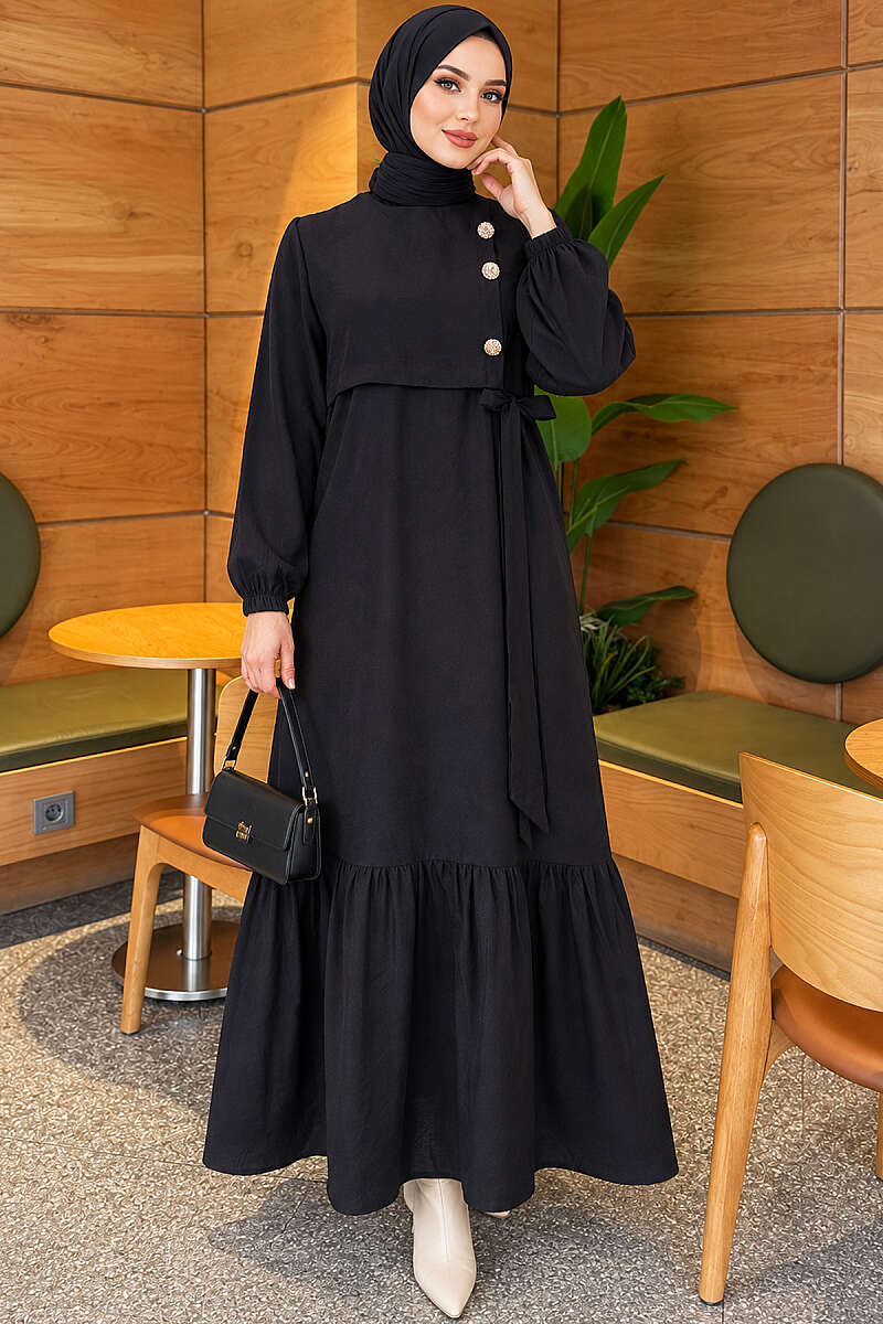 Modal Tie Dress with Gold Buttons - Black