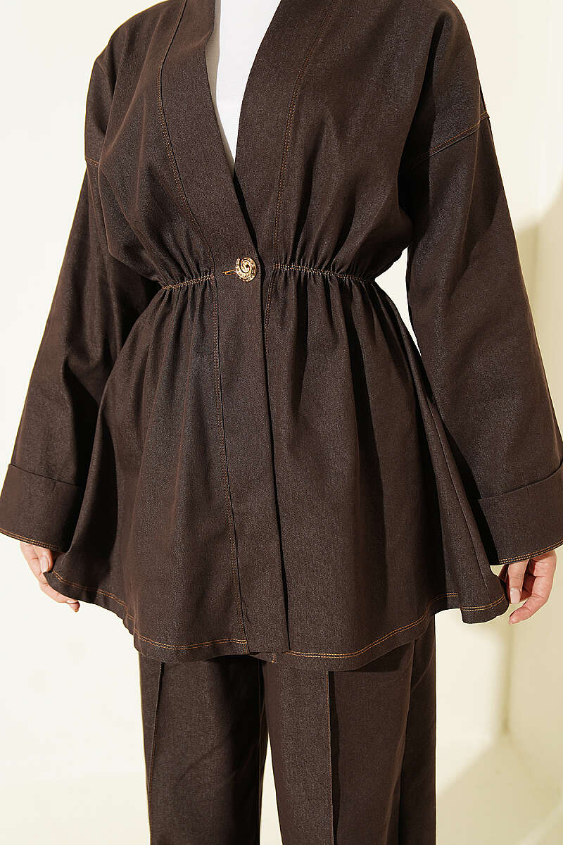 Two-Piece Set with Gold Buttons and Elastic Waist - Dark Brown