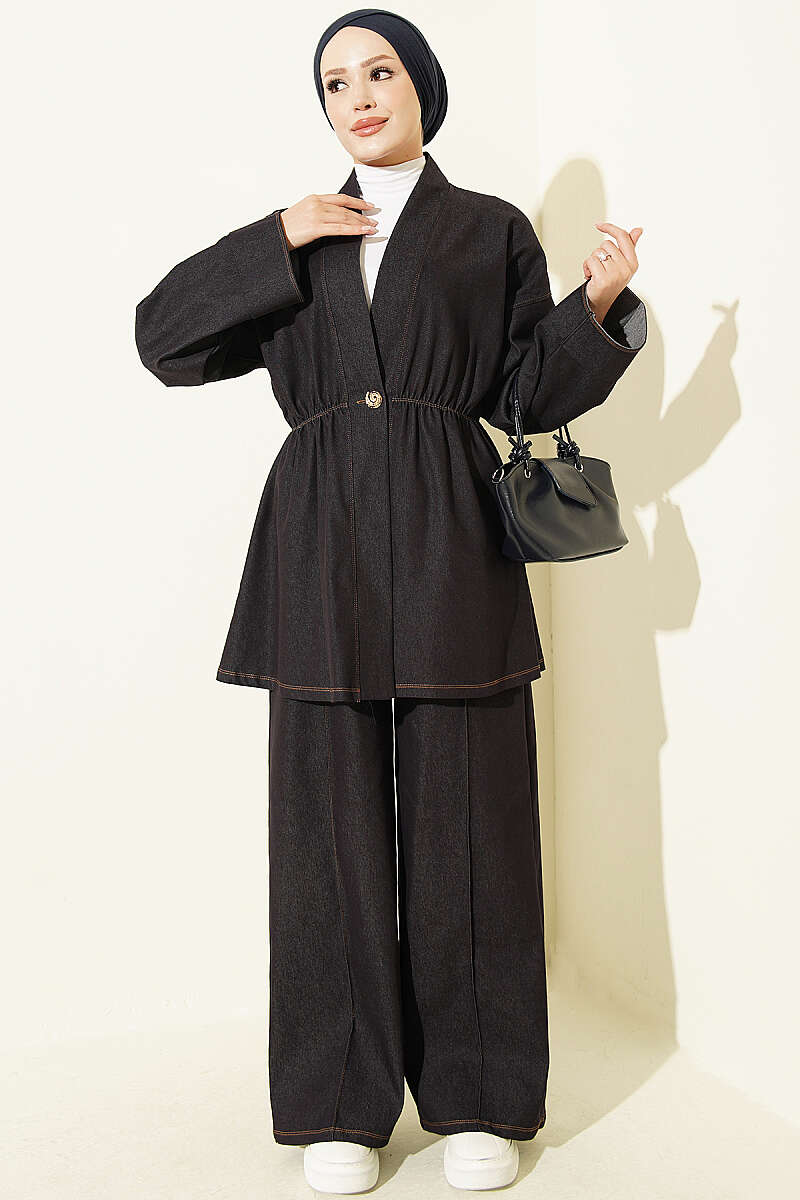 Two-Piece Set with Gold Buttons and Elastic Waist - Navy