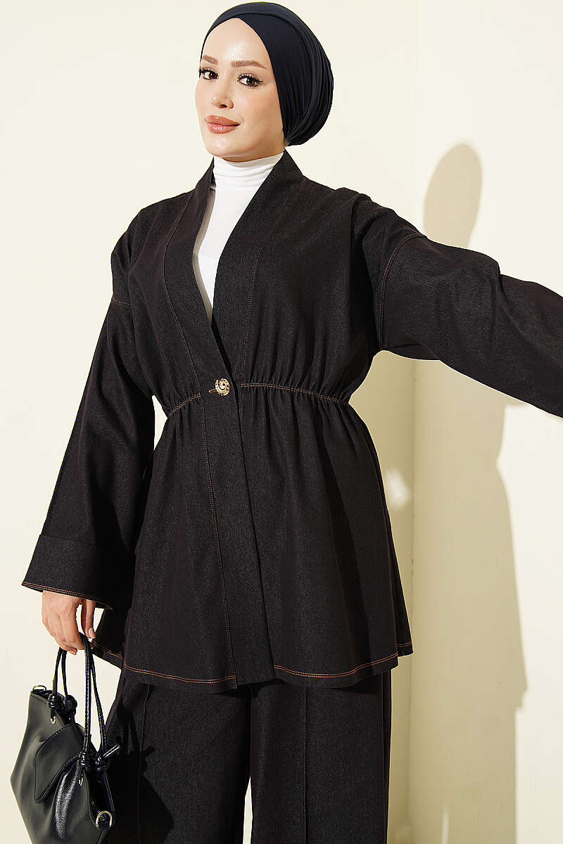 Two-Piece Set with Gold Buttons and Elastic Waist - Navy
