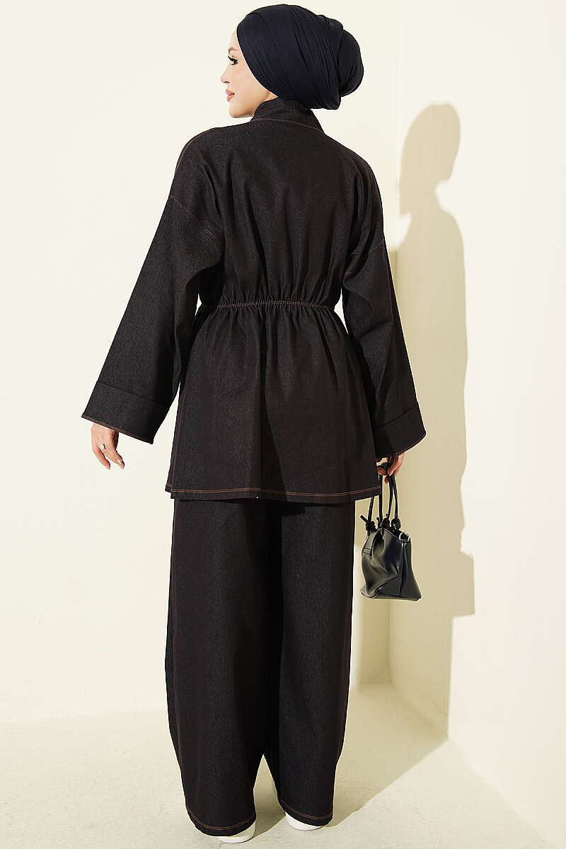 Two-Piece Set with Gold Buttons and Elastic Waist - Navy