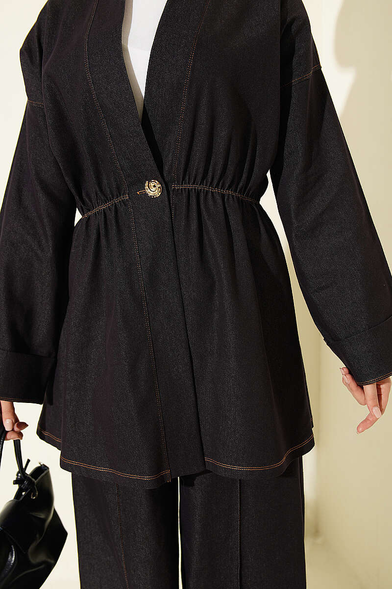 Two-Piece Set with Gold Buttons and Elastic Waist - Navy