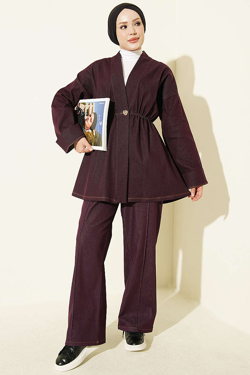 Two-Piece Set with Gold Buttons and Elastic Waist - Plum