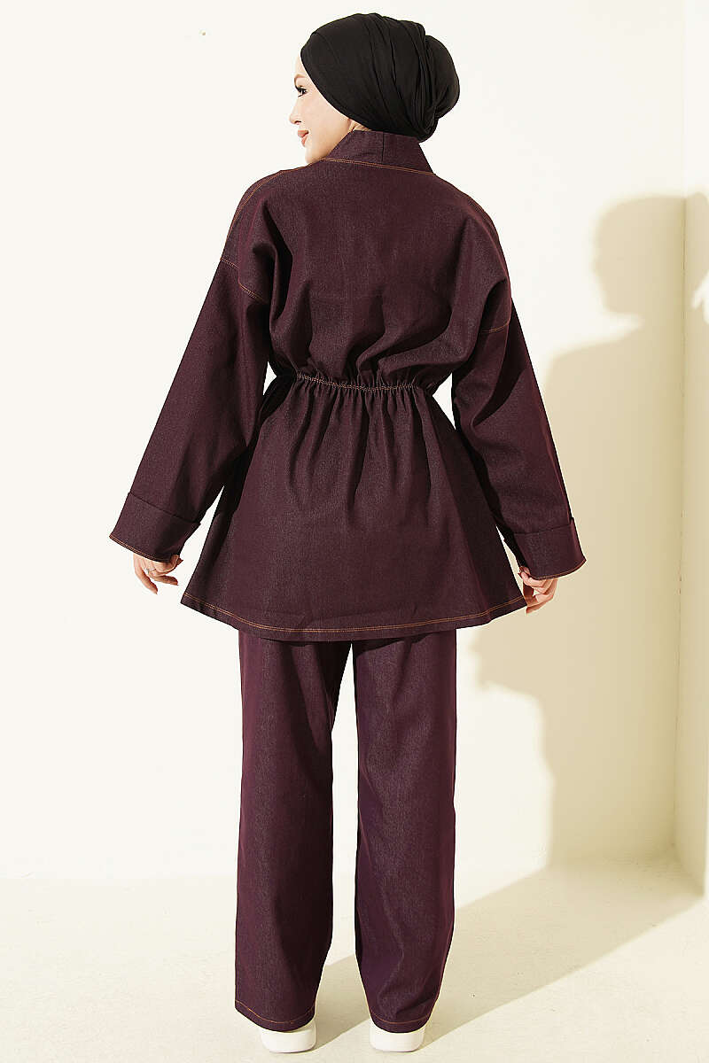 Two-Piece Set with Gold Buttons and Elastic Waist - Plum