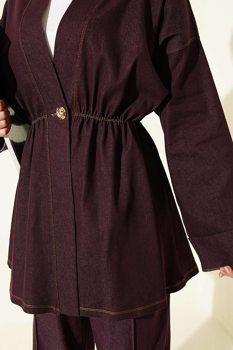 Two-Piece Set with Gold Buttons and Elastic Waist - Plum