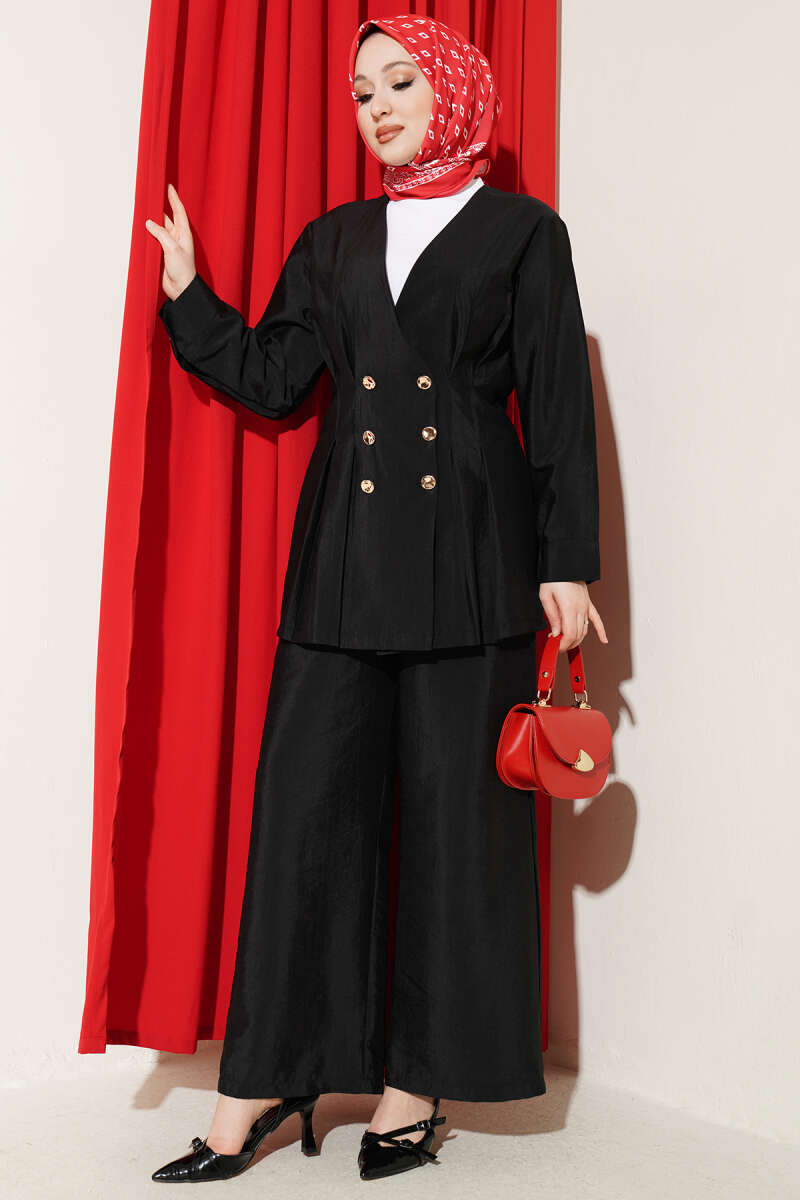 Two-Piece Set with Gold Buttons and Waist Darts - Black