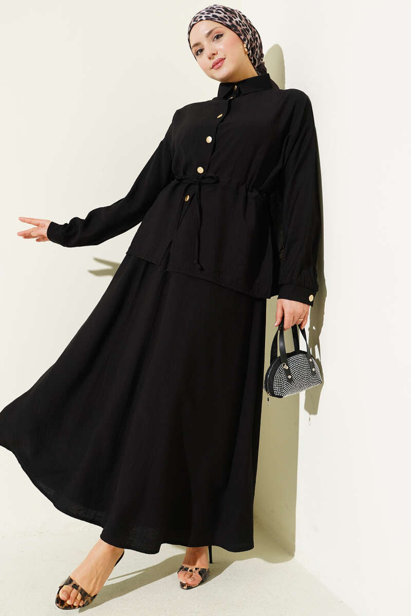 Skirt Set with Gold Buttons and Drawstring Waist - Black