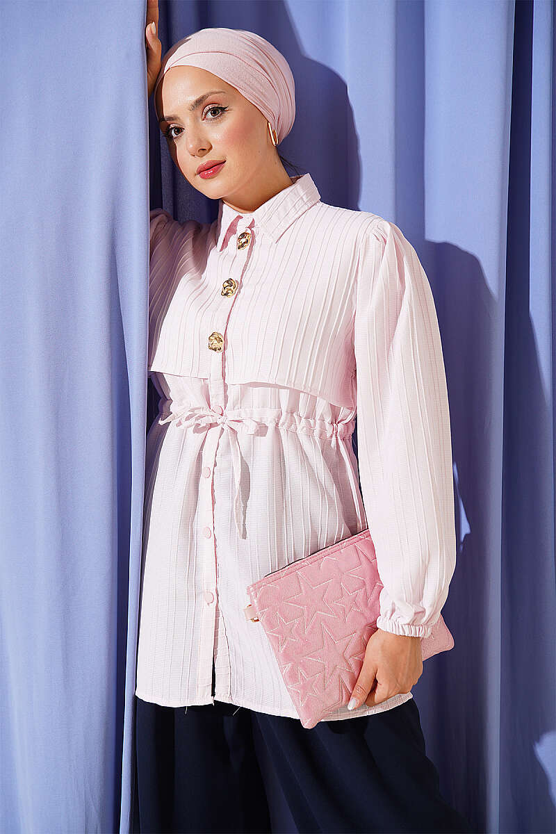 Shirt with Drawstring Waist and Gold Buttons - Pink