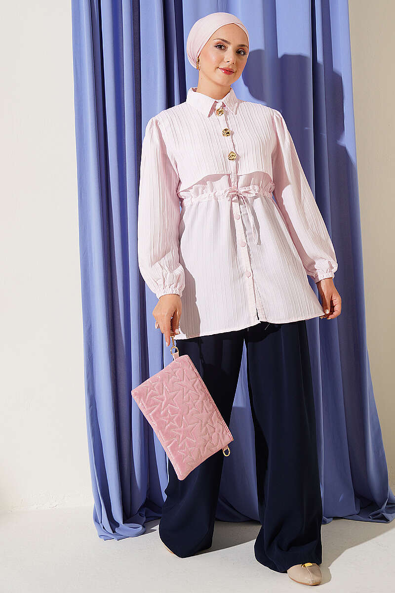 Shirt with Drawstring Waist and Gold Buttons - Pink