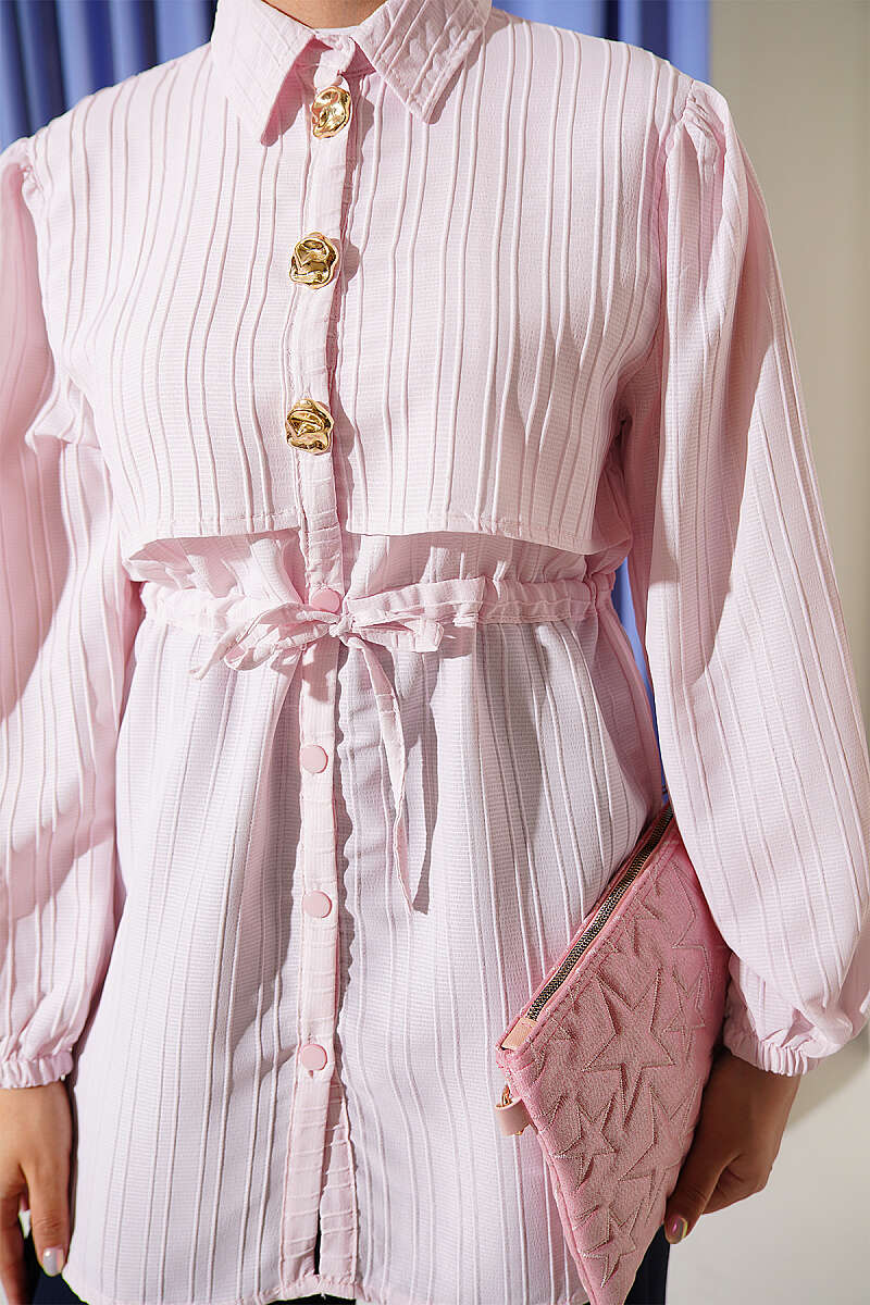 Shirt with Drawstring Waist and Gold Buttons - Pink