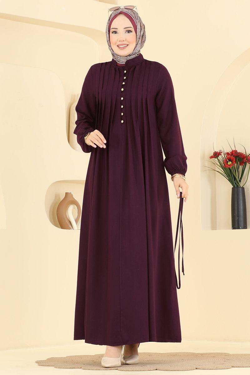 Dress with Gold Buttons - Burgundy