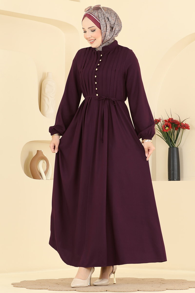 Dress with Gold Buttons - Burgundy