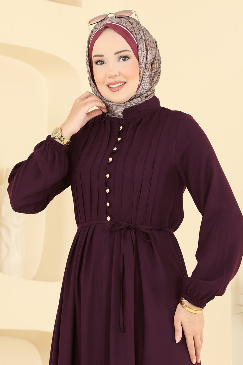 Dress with Gold Buttons - Burgundy