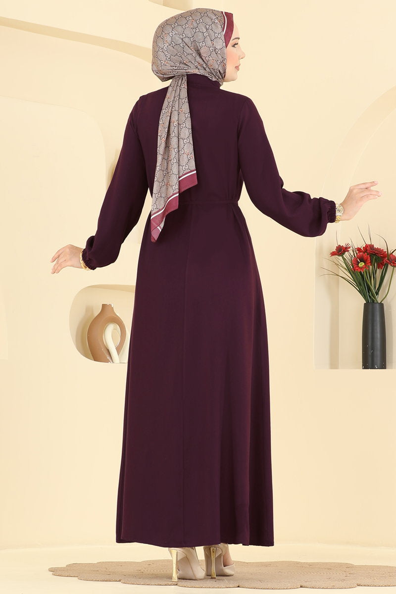 Dress with Gold Buttons - Burgundy