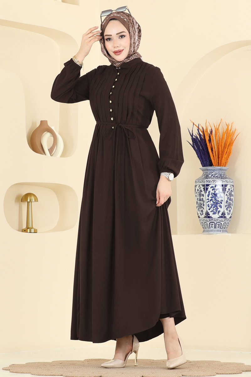 Dress with Gold Buttons - Brown
