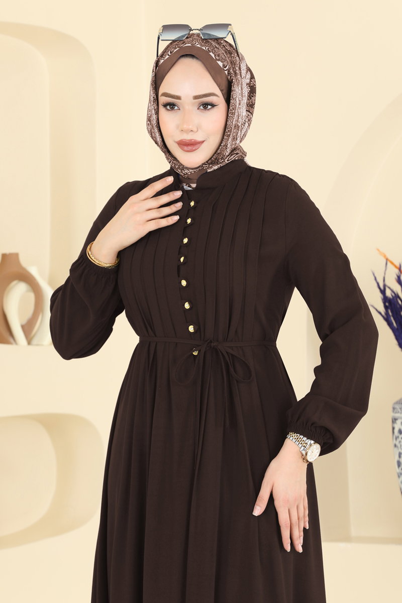 Dress with Gold Buttons - Brown