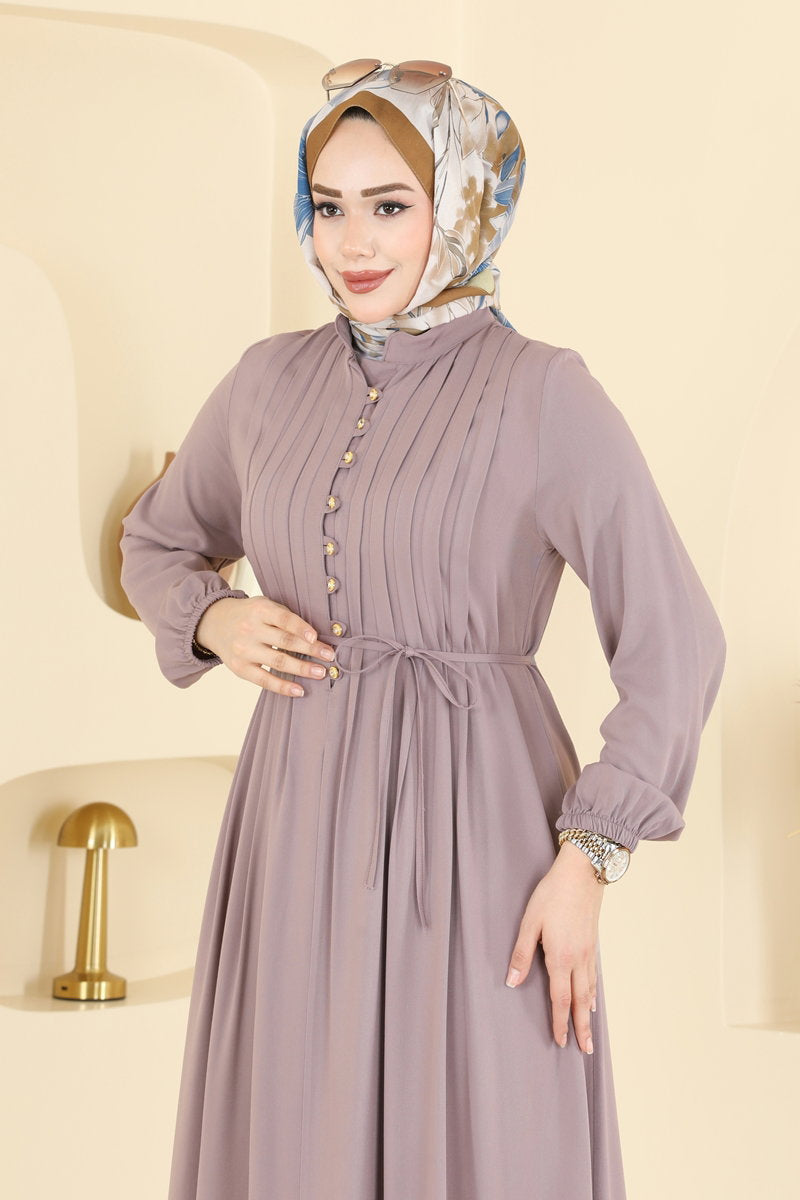 Dress with Gold Buttons - Mink