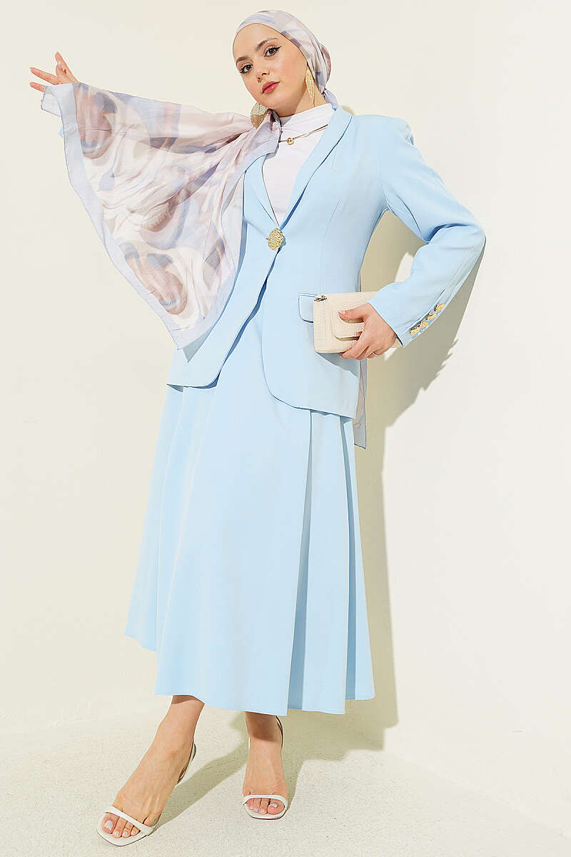 Skirt Set with Gold-Button Blazer - Light Blue