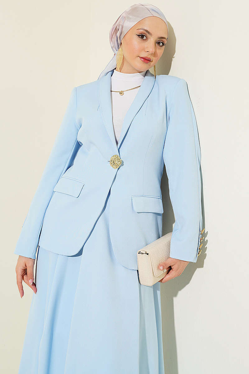 Skirt Set with Gold-Button Blazer - Light Blue