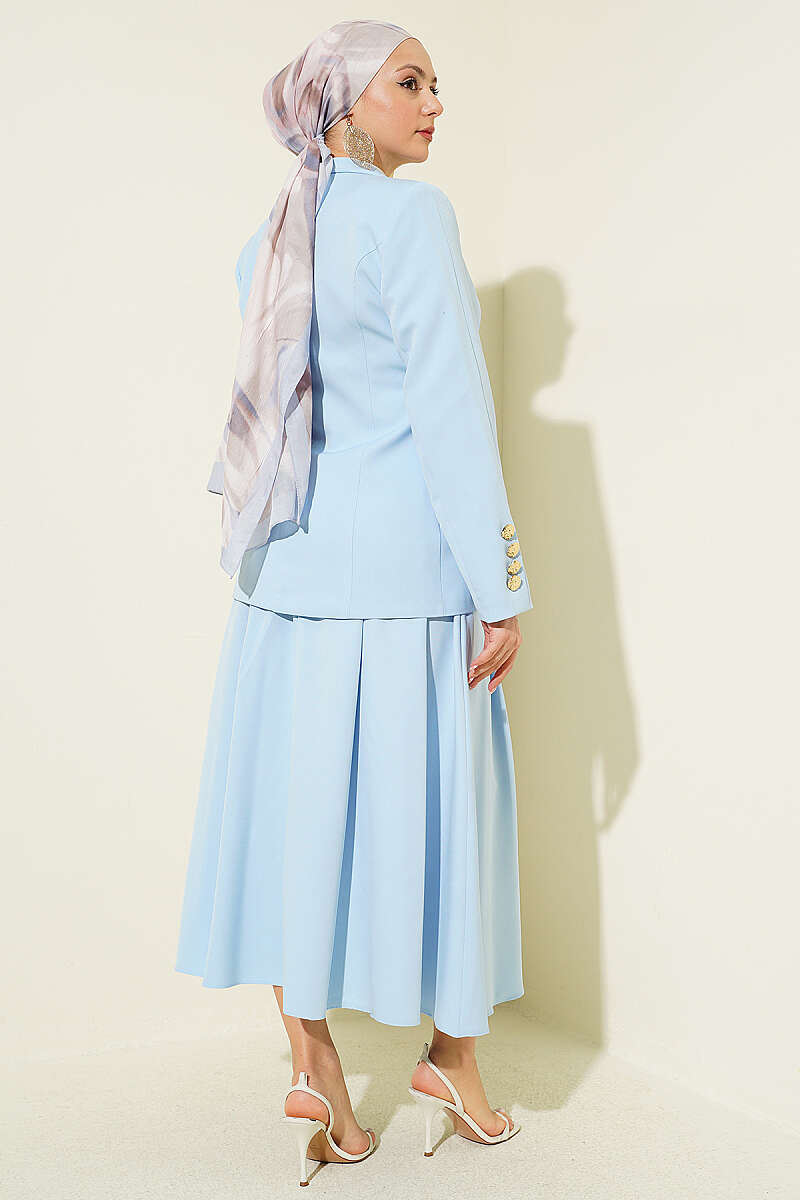 Skirt Set with Gold-Button Blazer - Light Blue